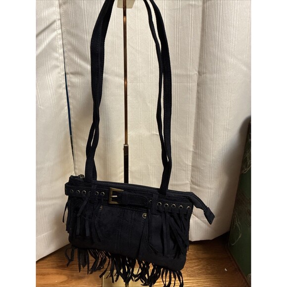 Black Fringe Boho Western Purse Shoulder Handbag 2 straps Faux Suede Belt - Picture 2 of 16